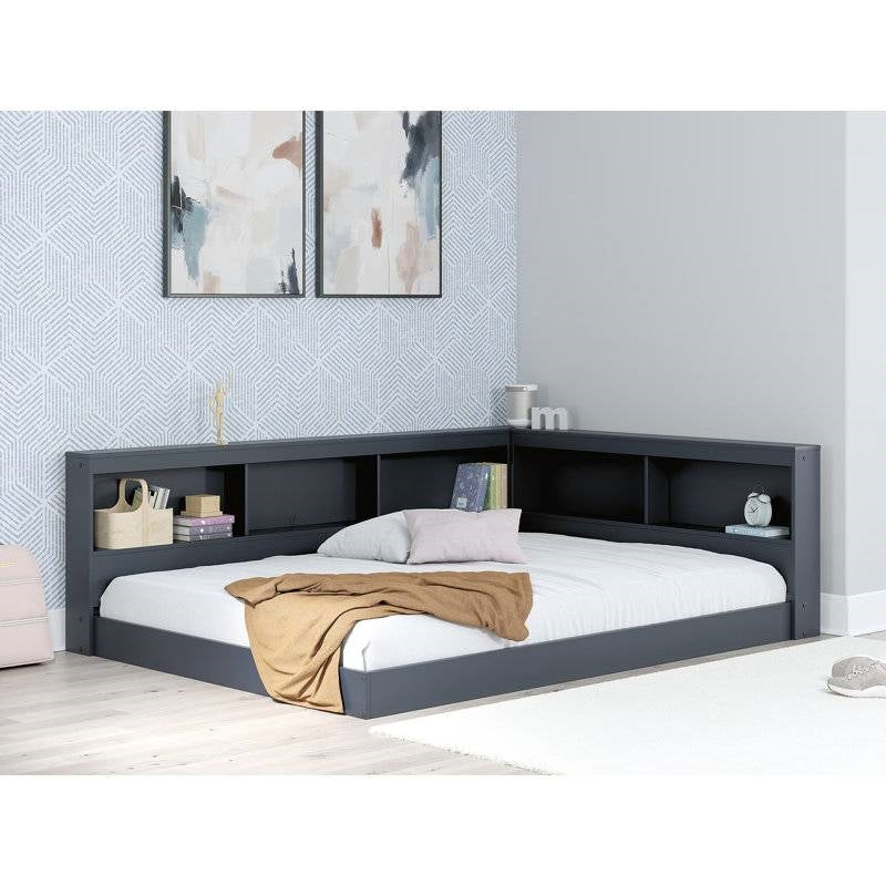 Twin size Blue Wooden Corner Storage Bed with Bookcase Headboard and USB Ports