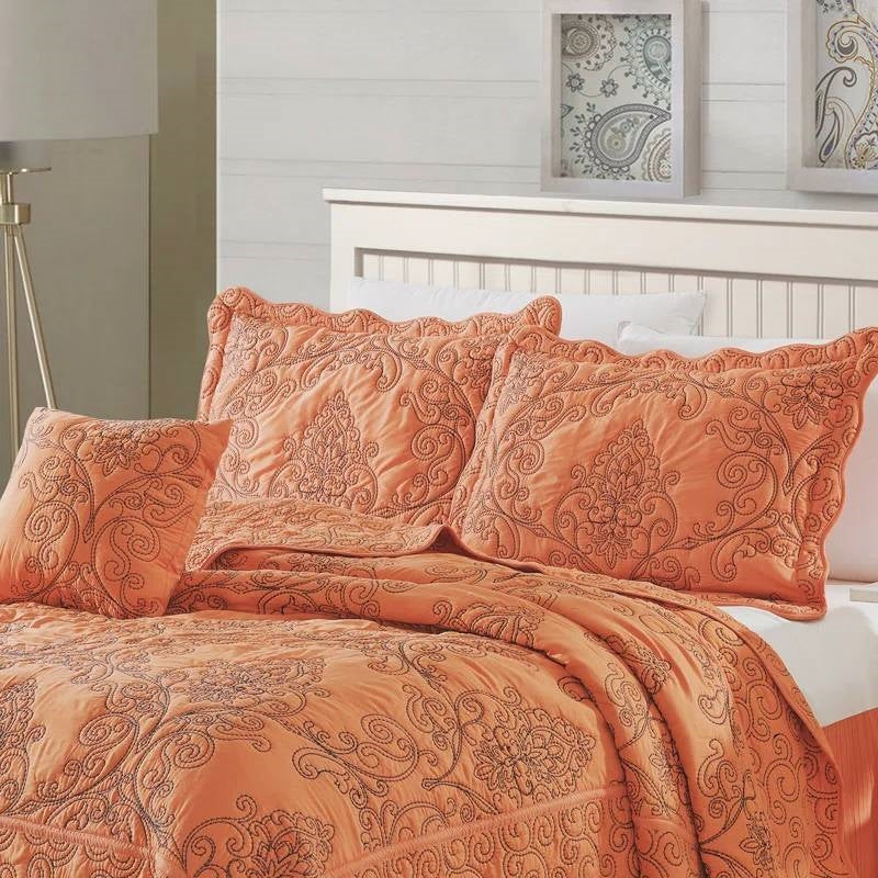 King size Orange Nectarine Damask Embroidered 4 Piece Oversized Bedspread Set