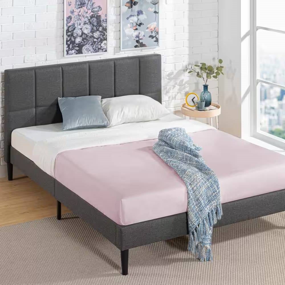 Queen size Grey Upholstered Platform Bed Frame with Padded Headboard