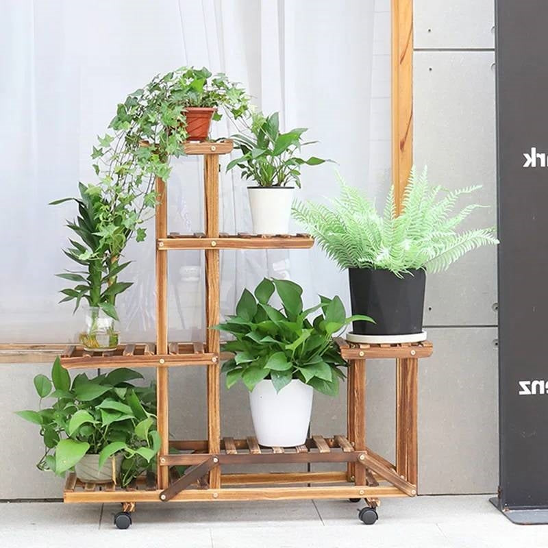 6-Shelf Portable Wooden Flower Pot Plant Stand with Locking Wheels