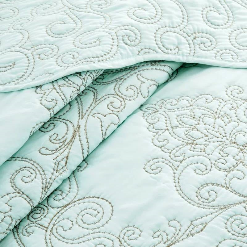 Queen size Light Blue Damask Embroidered 4 Piece Oversized Bedspread Set
