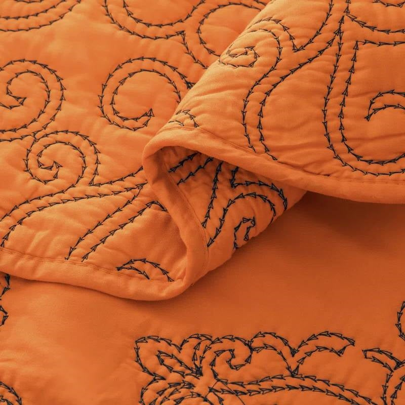 Queen size Orange Nectarine Damask Embroidered 4 Piece Oversized Bedspread Set