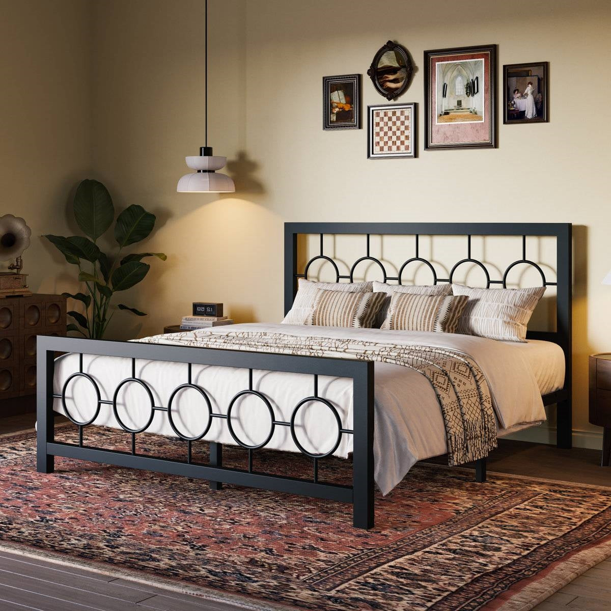 Queen Black Metal Platform Bed Frame with Circle Medallion Headboard Footboard