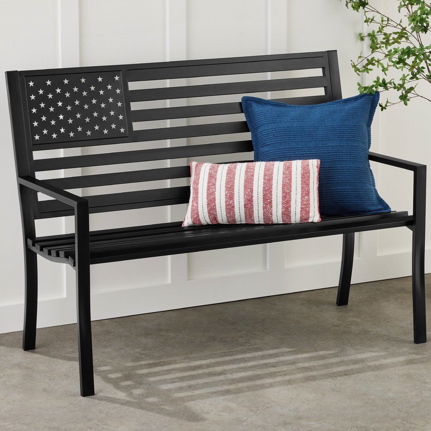 2 Person Patriotic USA Black Metal Bench with American Flag Backrest